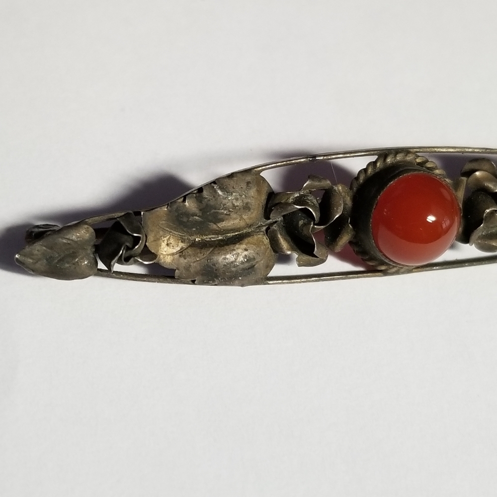 Antique bar pin arts and crafts style orange cabochon leaves - Picture 10 of 16